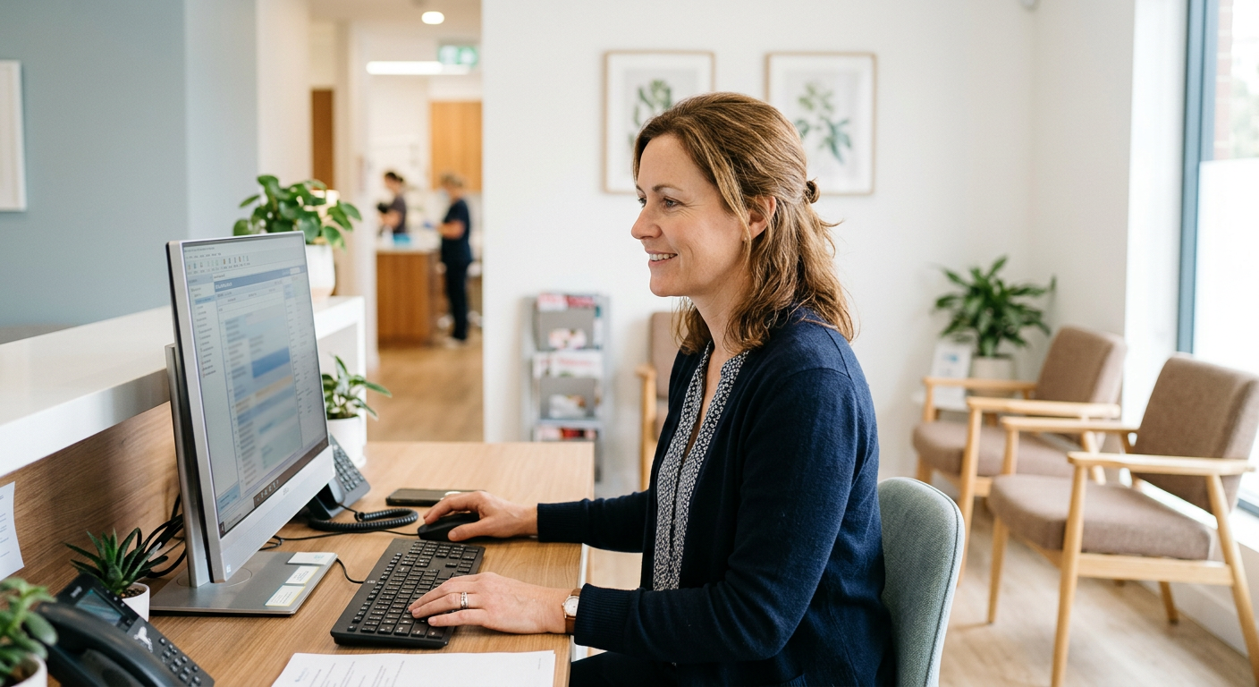 An office manager at the front desk of a dental practice, reviewing the schedule on her computer.